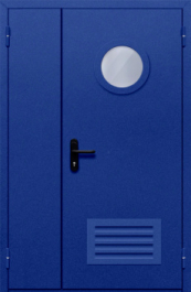 Фото двери «Полуторная с круглым стеклом и решеткой (синяя)» в Дзержинскому